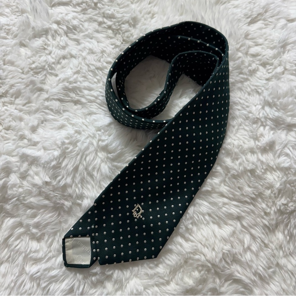 Dior Elegant Green and White Polkadots Neck Tie - Picture 8 of 8